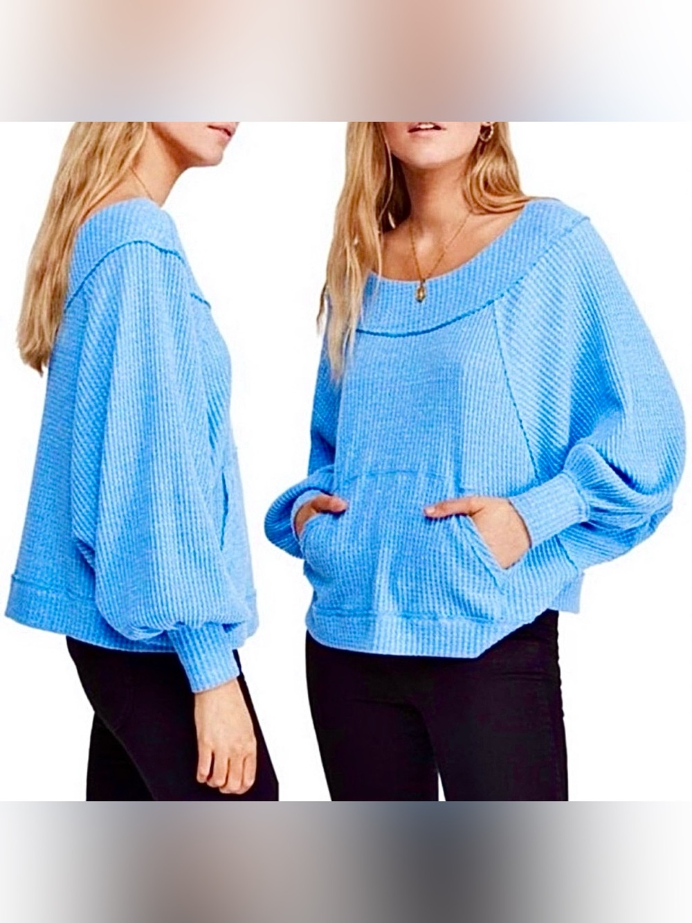 Free People We the Free Westend Thermal Waffle Pullover Sweater in Blue Skies.